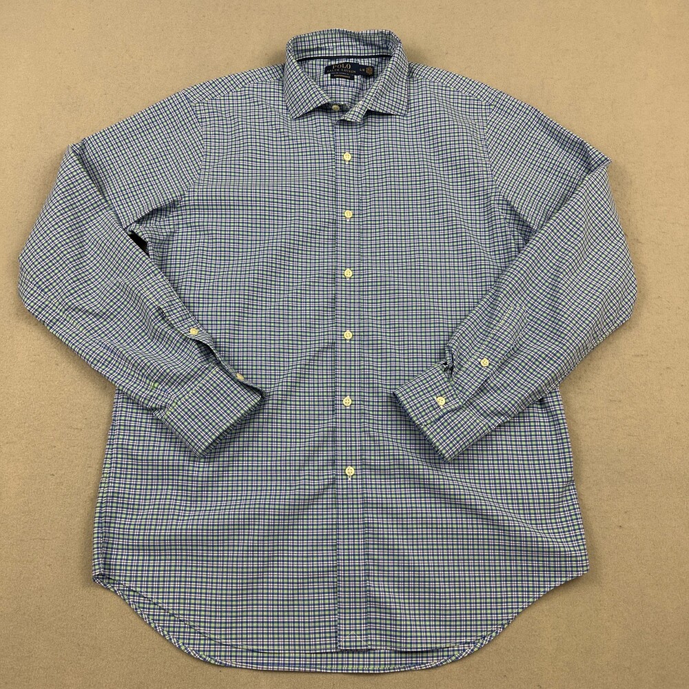 Polo Ralph Lauren Shirt Men Large Blue Plaid Performance Long Sleeve Button Up L